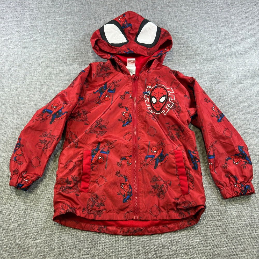 Marvel Spiderman Red Hooded Windbreaker Kids Size 5T All Over Print Zip Up